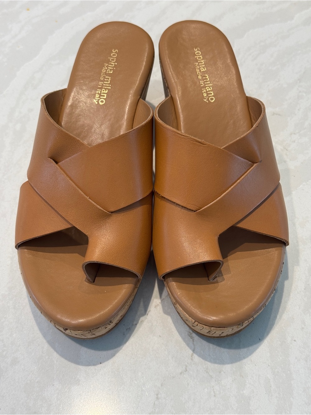 Sophia Milano Tan Leather Crossover Slide Clogs
